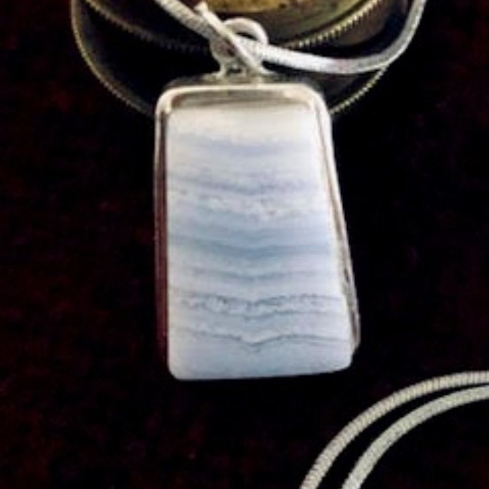 Blue Lace Agate Geometric Shaped Stone Pendant on a Silver Tone 8 - 10" chain